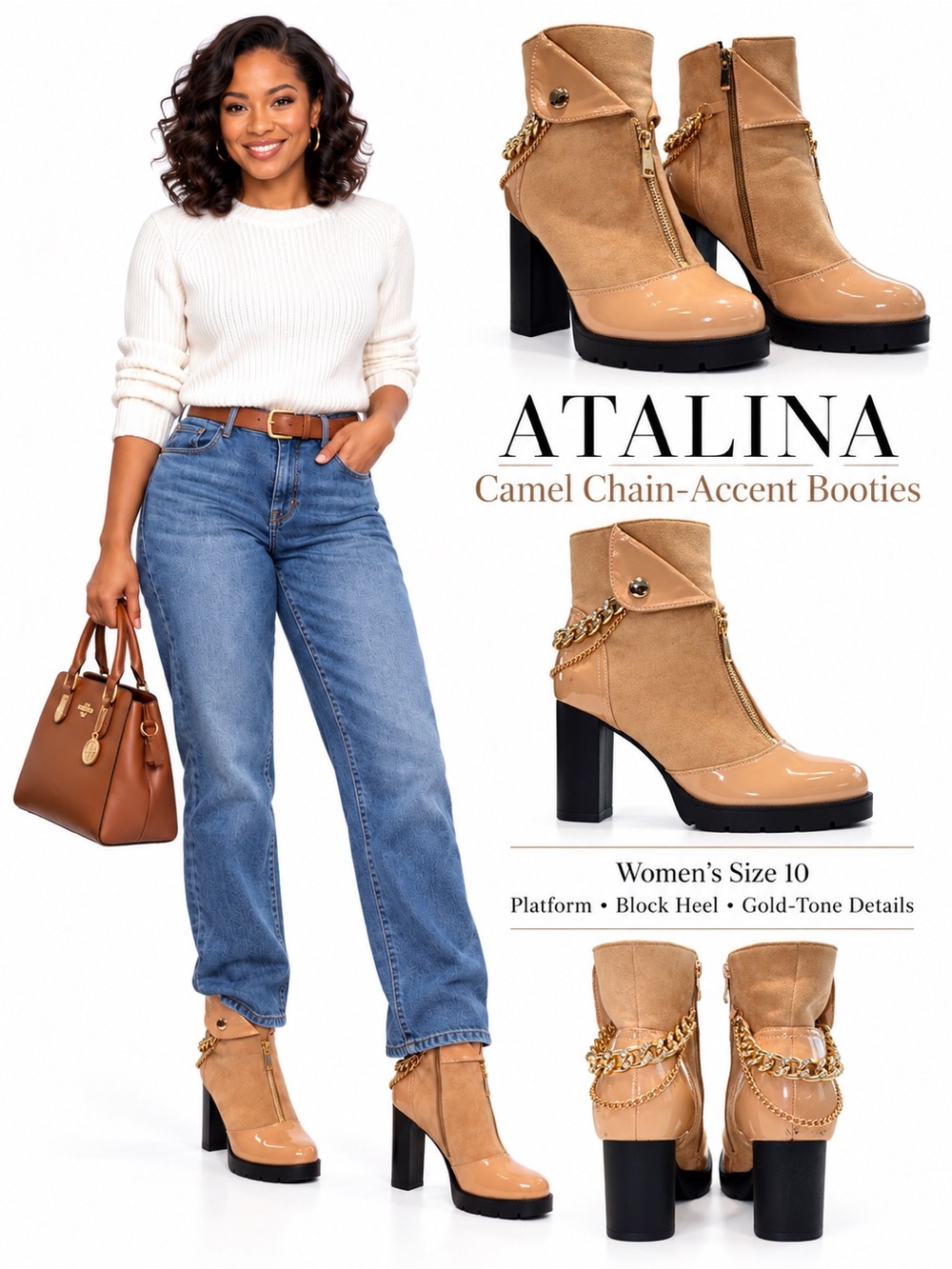 Atalina Camel Chain-Accent Platform Ankle Boots | Women’s Size 10 - Picture 15 of 16